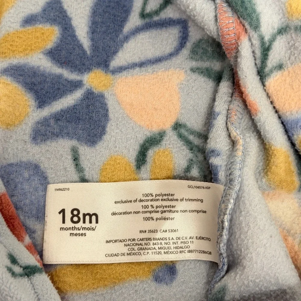 Carters 18M Baby Girl Floral Fleece Hooded Jumpsuit Blue Orange Zip Up Cozy Warm